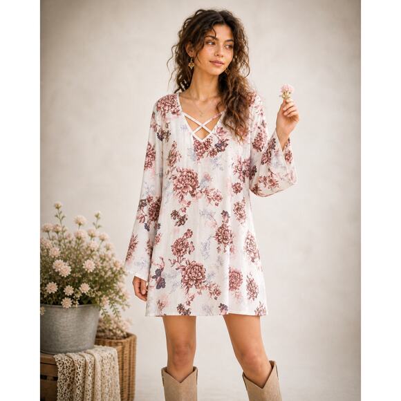 Free People Tops - Free People Heart Beat Printed V-Neck Tunic Cream Blush Wine Colorway Size Small